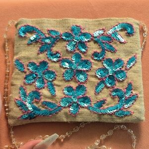 Moyna Tan Clutch with Blue Floral Embroidery